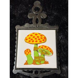 Vintage  Sanyo Cast Iron Trivet With Ceramic Colorful Mushroom Design